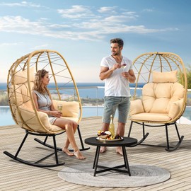 YITAHOME Wicker Rocking Egg Chair, Outdoor Patio Rocking Chair with Cushioned Comfort, 330lb Capacity, Anti-Slip, All-Weather Resilient Egg Lounger Chair for Indoor & Outdoor Relaxation Spaces, Beige