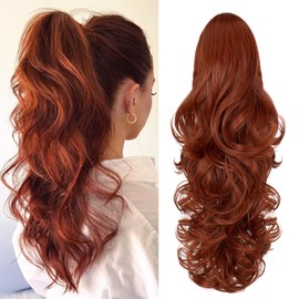 FELENDY Ponytail Extension Claw 18" Copper Red Curly Wavy Clip in Hairpiece One Piece A Jaw Long Pony Tails for Women