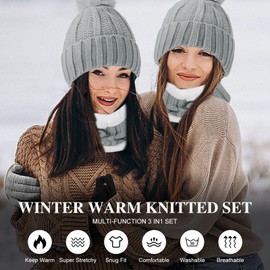 Runmeihe Hat Scarf Gloves Set for Women Ladies, 3 in 1 Winter Warm Knitted Set, Cold Weather Set with Knit Beanie Cap Touch Screen Gloves Circle Neck Scarf (UK, Alpha, One Size, Grey)