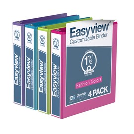 EasyView Premium 1.5-Inch Binders with Clear-View Covers, 3-Ring Binders for School, Office, or Home, Colored Binder Notebooks, Pack of 4, Round Ring, Fashion Colors