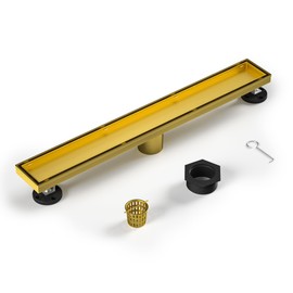 Bernkot Linear Shower Drain 18", Brushed Gold Floor Drain with Tiled Insert Grate & Hair Strainer, 304 Stainless Steel Bathroom 2-in-1 Tiled in Drain, CUPC Certified (Brushed Gold, 18'')