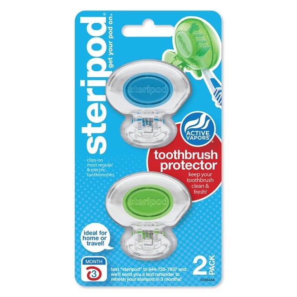 Steripod Clip-On Toothbrush Protector, Clear Blue and Clear Green, 2 Count