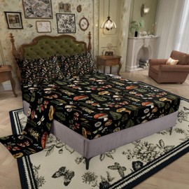 Mushroom Bed Sheet Natural Butterfly Wild Plant Leaves Decor Sheets for Kids Teens Adults Outdoor Jungle Rustic Farmhouse Style Bedding Set with Flat,Fitted Sheet,1 Pillowcase Twin Size 3 Pcs