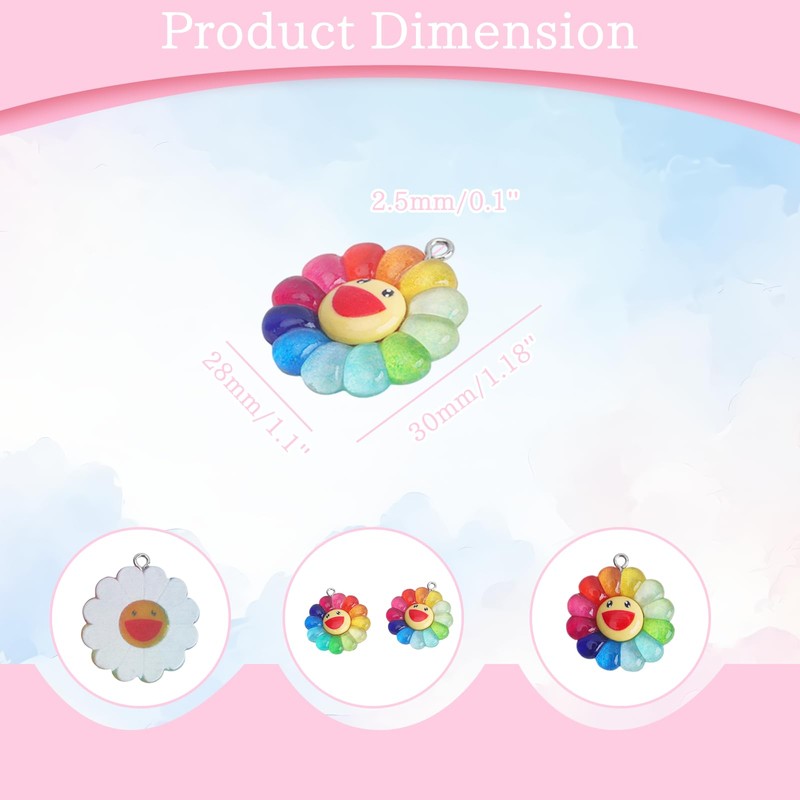 RUIAN 40pcs Rainbow Sun flower Pendants-Resin Charms for DIY Jewelry
