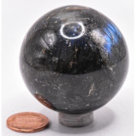 47mm 155g Blue Flash Dark Larbadorite w/Tourmaline Inclusions Carved Sphere Polished Natural Sparkling Collectible Feldspar Gemstone Crystal Mineral Ball - Madagascar + Stand
