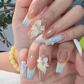 24Pcs Flower French Tip Press on Nails Summer Gradient Coffin Fake Nails Artificial False Nails Full Cover Fake Nail Glue on Nail for Women with Flowers Design Acrylic Nail Daily Wear