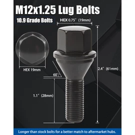 GAsupply M12x1.25 OEM Lug Bolt Black, 28mm Shank Cone Seat 3/4" Hex, 20pcs | Fit for 2015-2022 Jeep Renegade, 2018-2022 Compass, 2014-2022 Cherokee, One-Piece Factory Style Wheel Stock Stud