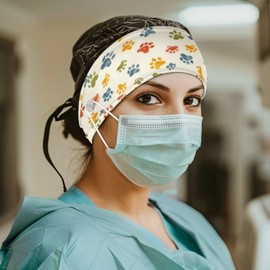 SUITOSELFY Colorful Dog Paw Print Nurse Headband with Buttons for Mask Non Slip Nursing Headbands Wide Headbands for Women Elastic Hairband for Yoga Sports