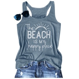 BANGELY The Beach is My Happy Place Tank Tops Women Summer Beach Tank Casual Sleeveless Vacation Shirt Camis (Light Blue, Small)