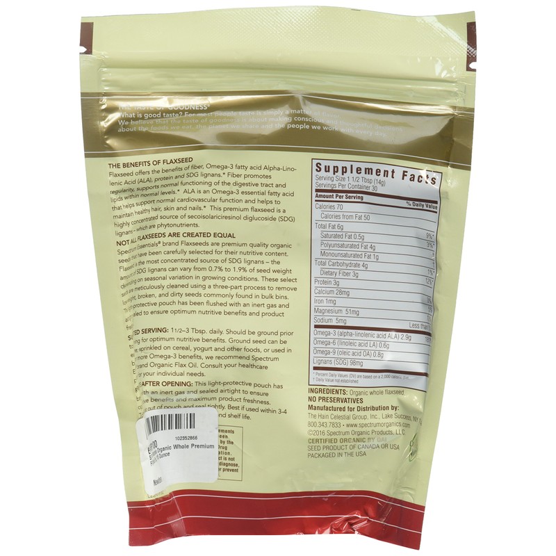 Spectrum Essentials Organic Whole Premium Flaxseed, 15 Ounce Bag
