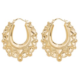 9ct Yellow Gold on Silver Large Victorian Style Gypsy Oval Creole Hoop Earrings