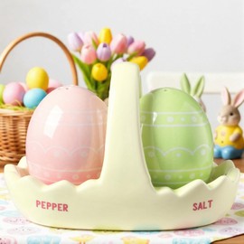 Yungyan 4 Inches Ceramic Dotted Egg Easter Salt and Pepper Shakers Set, 3 Piece Set, Spring Cute Easter Salt and Pepper Shakers for Kitchen, Farmhouse, Home, Cottage Decor