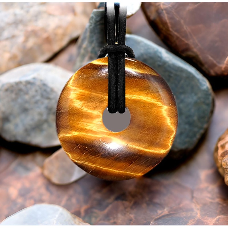 Kaltner Presents Necklace Tiger Eye Gemstone Donut Pendant with Leather