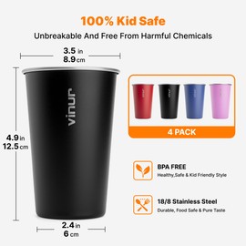 VINUR - Vasos de acero inoxidable de 16 onzas, paquete de 4 vasos apilables de metal para viajar, acampar, al aire última intervensión (azul real, rojo, negro, morado y rosa)
