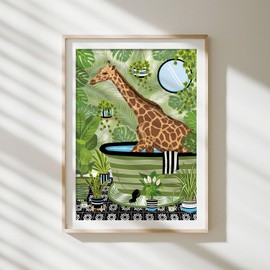 Parmaro Giraffe in Bath Print, Giraffe in Bathroom Print, A4 UNFRAMED Print, Animal Toilet Print, Green Black, Giraffe Toilet Print, Tropical Bathroom Decor