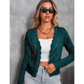 CARDYDONY Women's Long Sleeve Cropped Cardigan Sweaters Open Front Hollow Out Shrugs Dark Green M