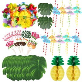 Howaf 111-Piece Tropical Party Decoration Set, Tropical Palm Monstera Leaves and Hibiscus Flowers, Straws, Pineapple, Cupcake Toppers for Hawaii Luau Theme Parties and Table Decoration