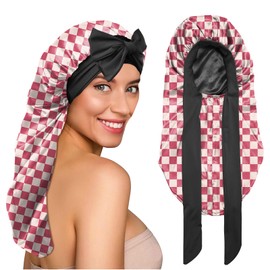 BHAHB Silk Feeling Long Satin Bonnet for Sleeping Adjustable Double Layer Elastic Reusable Long Hair Caps Cute Women Girls-Pink Checker