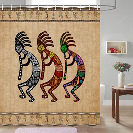 JAWO Kokopelli Shower Curtain, Southwest Shower Curtain Kokopelli Native American Shower Curtain, Ethnic Tribal Shower Curtain Music Agriculture Ancient Shower Curtain with Hooks, 72X78inch, Brown