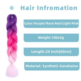 Synthetic Hair for Braiding, Easy Braid, Pre-Stretched Braids Extensions, Purple/Rose Red/Light Pink Hair Extensions, 24 Inches/61 cm, 3 Packs Hair for Braiding, Braids Braid Extensions