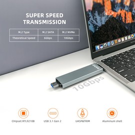MAIWO M.2 NVME/SATA SSD Cajas de Disco Duro，SSD Carcasa Adaptador con USB 3.0 y tipo C, NVMe 10 GB, SATA 6 GBps.Compatible con llave M / B&M Unidad de estado sólido, compatible con UASP, tamaño 2230/2242/2260/2280
