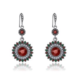 AILUOR Vintage Round Blue Sapphire Sunflowers Dangle Earrings, Women's Unique Retro Colorful Ethnic Bohemian Earrings Jewelry for Women (Red)