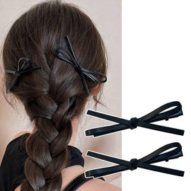 Natunofu Hair Pin, PU Leather, Ribbon, Hair Clip, Stylish, Adult, Bangs, Hair Clip, Cute, Non-Marking Hair Pin, Set of 2, PU Leather, Bowknot Ribbon, Black, Korean Style, Elegant, Elegant, Everyday
