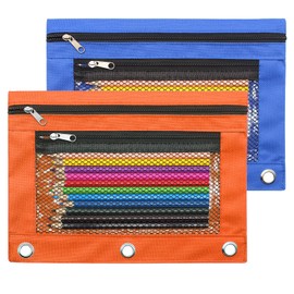 Cinvo Pencil Pouch 3 Ring Binder Pouch Zippered Pencil Case Canvas Pencil Bag with 2 Compartments (Set of 2, Blue and Orange)