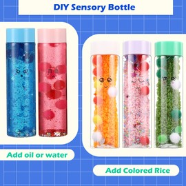 Baderke 10 Set Sensory Bottles Kits Supplies Empty Plastic Bottles Funnel Rice Stars Sequins Clay Slices Stickers Glitter Powder Colored Foam Balls for DIY Art Fun Crafts