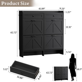 BORNOON Shoe Storage Cabinet for Entryway, Farmhouse Narrow Shoe Cabinet with 2 Flip Drawers & Top Drawers, Adjustable Shelves & Hooks, Freestanding Hidden Rack Organizer for Hallway, Foyer