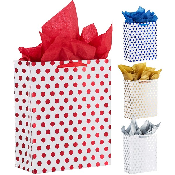 4 Pack 13" Large Paper Gift Bags with Tissue Paper Polka Dot Party Bags with Handle Assorted Colors (4, Polka Dot with Tissue Paper)