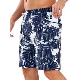 NORTHYARD Mens Swim Trunks Board Shorts 9 Inch Bathing Suit Swimwear Quick Dry Beach Short with Zipper Pocket - No Mesh Liner Navy Palmtree L