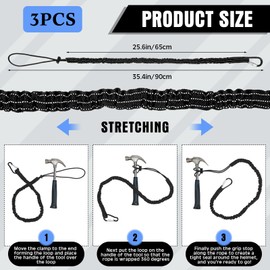 LEIFIDE 3 Pcs Tool Lanyard with Aluminum Screw Lock Buckle Retractable Bungee Cord 17.6lb 8kg Tough Adjustable Tool Tether Tool Harness Fall Protection Tether for Construction (Black)