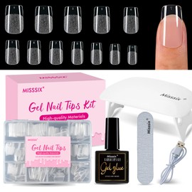 Misssix Short Square Gel Nail Tips Kit, 216Pcs Pre Etched Clear gel x Fake Nails, Full Cover False Nail 9-in-1 Gel Glue and Portable Mini U V Nail Lamp for Women 12 Sizes