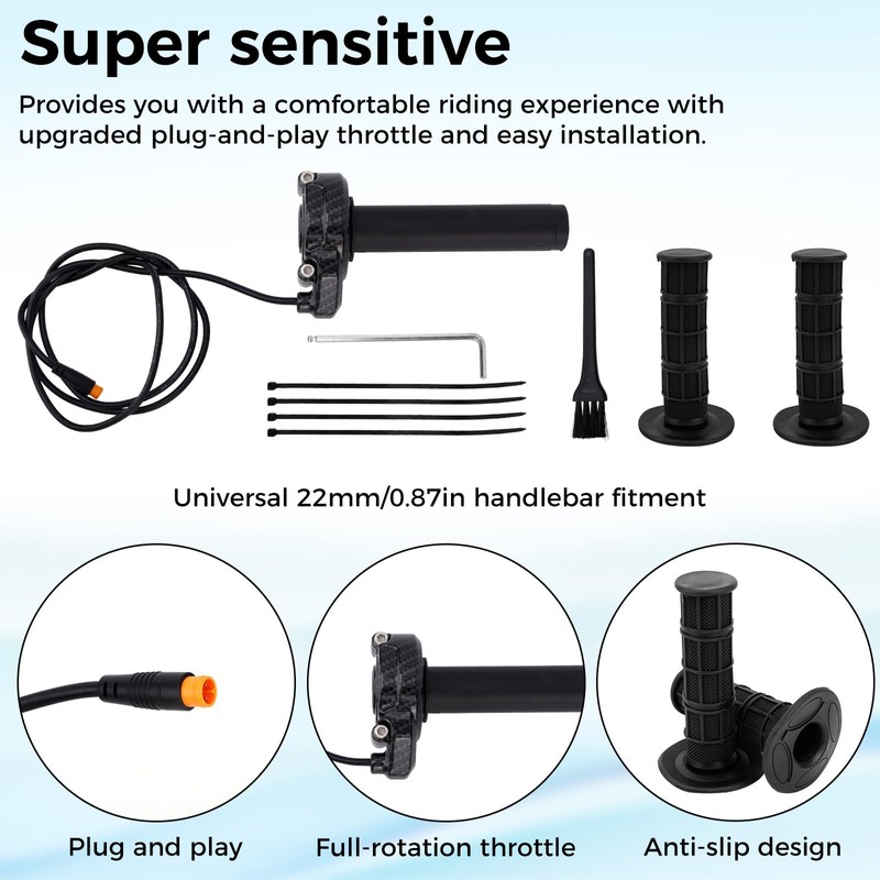 Ebike Full Twist Throttle Grip Kit, 3 Pin Waterproof Anti-Slip