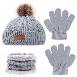 Rumyve Children's Winter Warm Set, 1 Set of 3 Winter Knitted Sets, Gloves, Hats and Scarves, Warm and Flexible, Children's Winter Outdoor Activities Essential(Grey)