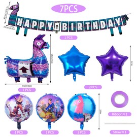 7pcs Video Game Foil Balloons, Fort-nite Birthday Decorations, Game Theme Party Decorations with Banner, Fort-nite Balloons Party Supplies for Boys and Girls