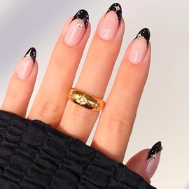 Black French Tip Press on Nails Almond Fake Nails Silver Star Rhinestones Design Medium False Nails Full Cover Nude Acrylic Glue on Nail Stick on Nails Decoration for Daily Wear Nails 24Pcs