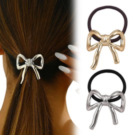 LunarCharm 2 pieces hair ties with metal bow, small elastic bands, ponytail holder, gold-silver bow, elastic hair bands for women and girls