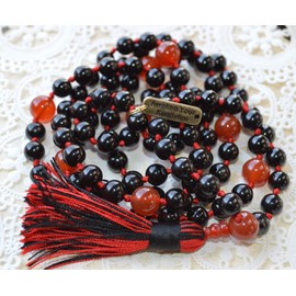 Hand Knotted Black Tourmaline & Carnelian Mala Beads Necklace - Birthstone for Leo, Root and Sacral Chakra