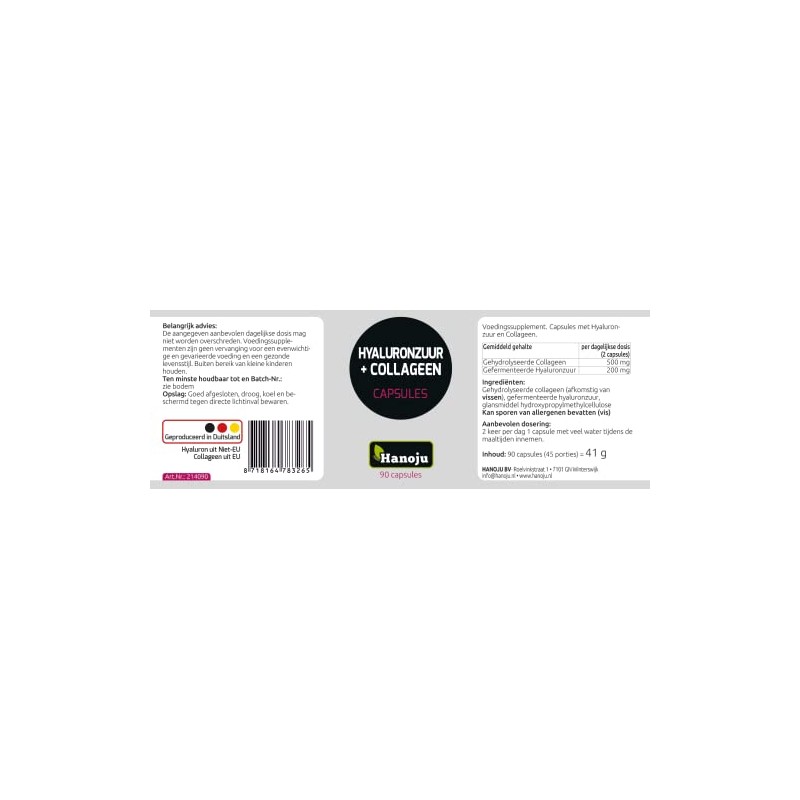 Hanoju 90 Capsules Hyaluronic Acid 100 mg + Collagen 250