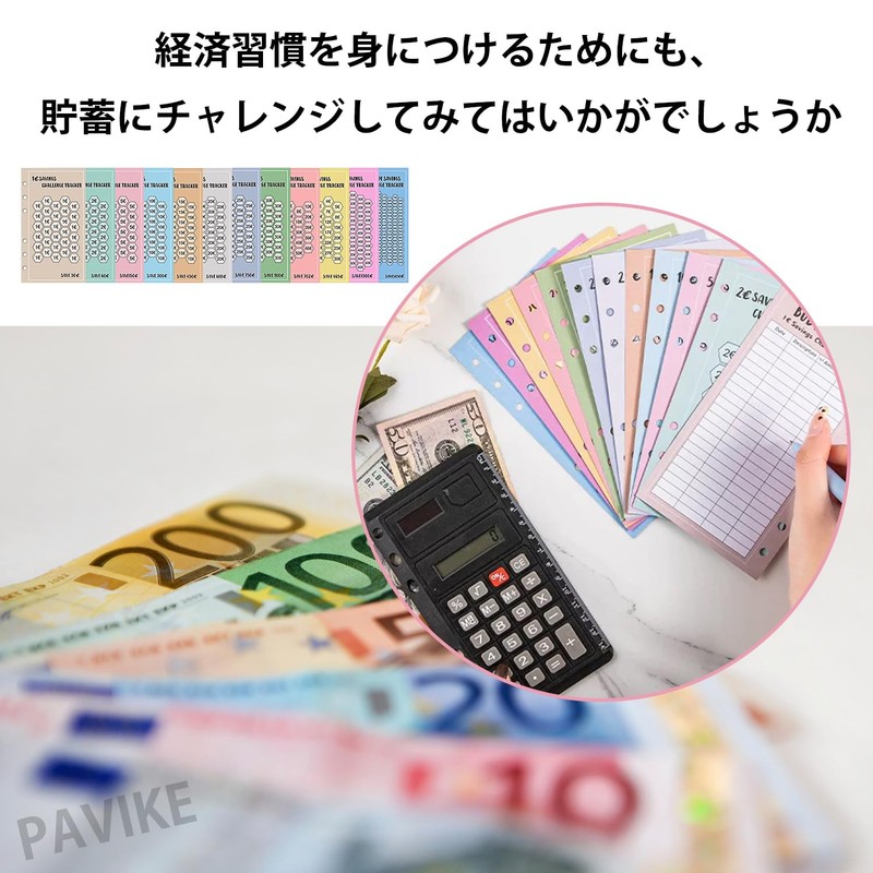 PAVIKE Euro Punched Paper Binder 48pcs Euro Savings Challenge Envelope