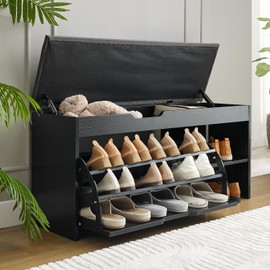 Stabrech Shoe Storage Bench with Flip Drawer, Shoe Rack with Lift Top Storages Box, 2-Tier Bench Cabinet with Adjustable Shelves for Entryway, Hallway, Living Room, Mudroom, Black