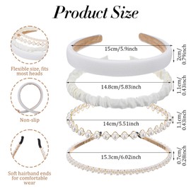 Josojoou 4PCS White Pearl Headbands, Non-slip Headbands for Women, Pearl Wide Padded Headband, Fashionable Wedding Bridal Headband, Suitable for Women, Brides, Weddings
