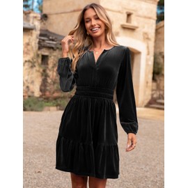 Simplee Womens Velvet Dress 2025 Birthday Holiday Winter Cocktail Long Sleeve Empire Waist V Neck Wedding Guest Party Skater Mini Dresses with Pockets(Black M)