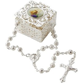 Elysian Gift Shop First Communion Rosary and Box Set for Boys and Girls Includes Silver Metal Hinged Rosary Box with Chalice and Host Design and Silver Beads Communion Rosary
