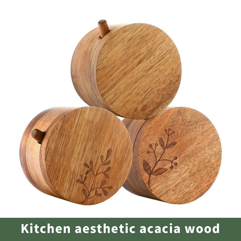 DGYLL Acacia Wood Salt Container with Spoon Salt Keeper Salt