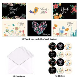 KEEHOM Thank You Cards Multipack of 12, Greeting Cards 15 * 10cm with Envelopes and Stickers, 6 Designs Blank Inside, for Teachers Birthdays Weddings Business Kids Family Friends (Flower and Bird)