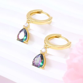 Hoop Earrings with Dangle Charm for Women 14K Gold Plated Sterling Silver Small Mystic Rainbow Topaz Earrings CZ Quartz Teardrop Dangle Multicolor Pear Huggie Earrings Gift for Daughter Birthday