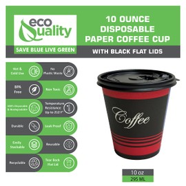 EcoQuality 10 oz Disposable Paper Coffee Cups with Black Flat Lids, Recyclable Hot/Cold Beverage Paper Drinking Cups with Lids for Tea, Water, Coffee, Travel, Picnic, Breakroom, Office (25 PACK)